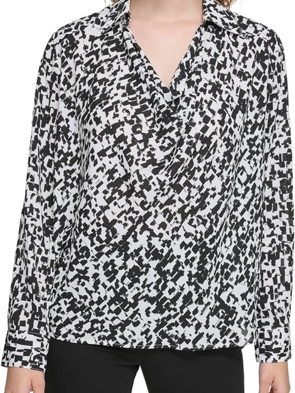 Calvin Klein Womens Long Sleeve Printed V Neck Blouse Sz L Black & White